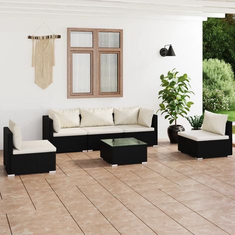 6-tlg. Garten-Lounge-Set mit Kissen Poly Rattan Schwarz (1/5)