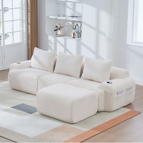 Divano modulare da 3 posti in tessuto a coste con pouf, portabicchieri e tasca laterale, beige, 268x174x80 cm (1/5)