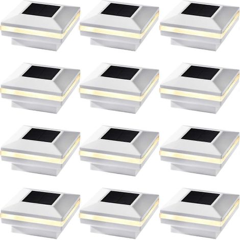 Lot de 12 lampes solaires décoratives pour poteaux, 15 lumens, blanc chaud, étanches IP44, pour clôture en bois 4x4, terrasse ou patio. (1/4)