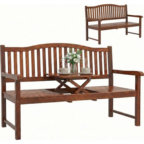 Outsunny Wood Garden Loveseat Bench with Liftable Table, Cover, Light Brown