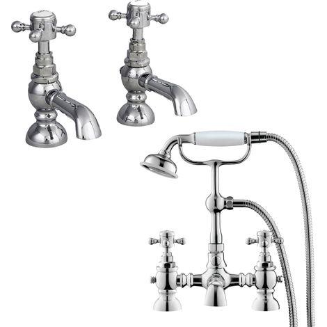 Trafford Twin Hot and Cold Basin Taps & Bath Shower Mixer Tap Chrome (1/3)