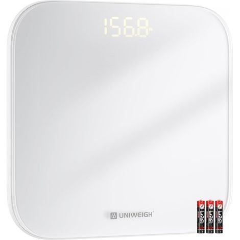 Pèse-personne numérique de salle de bain pour le poids corporel, haute précision jusqu'à 400lbs/180kg, balance avec verre trempé robuste, affichage LED, Technologie Step-On, 3 unités, blance (1/5)