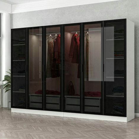 Dressing design 6 portes en verre noir & cadre blanc BYRON
