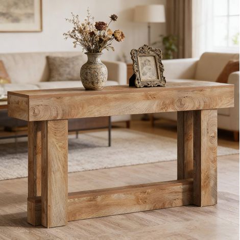 Console d’entrée 160x30 cm marron en bois avec tablette inférieure au style vintage (1/5)