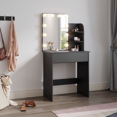 ELEGANT Dressing Table with Mirror and LED Light, Three-colour Mode, Makeup Desk with Drawers for Bedroom, 70x40x140cm Black
