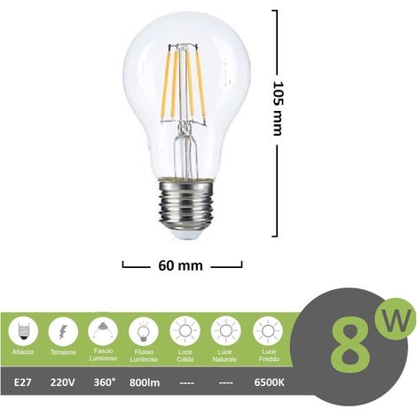 Lampadina filamento led 8w A60 bulbo attacco grande E27 sfera trasparente luce fredda bianca 6500k (1/5)