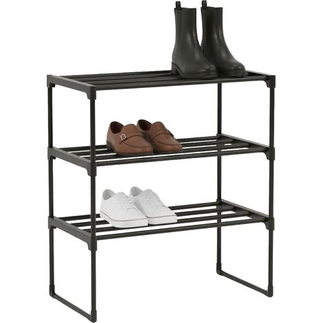 Étagère à Chaussures 3 Niveaux, emboîtable, 55 x 42,5 x 30 cm, Structure métal, Plateaux Plastique, Noir (1/5)