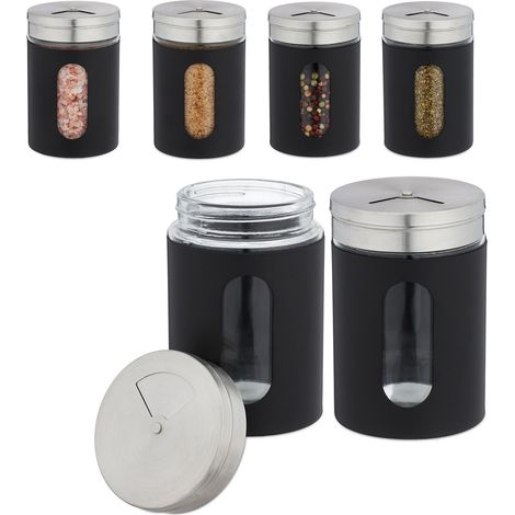 Relaxdays Set 6 Botes Especias XL, Tarros Cristal 290ml, Espolvoreadores 3 Intensidades, Tapa Acero, Negro (1/5)