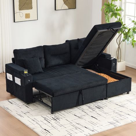 3-Sitzer-Ecksofa 212.5x136x86 cm schwarz aus Cord mit Schubladenbett, Stauraum, USB-C und Chaiselongue (1/5)