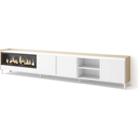 Mueble TV Chilches-02 de 315x61x35 cm con chimenea eléctrica XXL, diseño industrial, color blanco y roble soft (1/4)