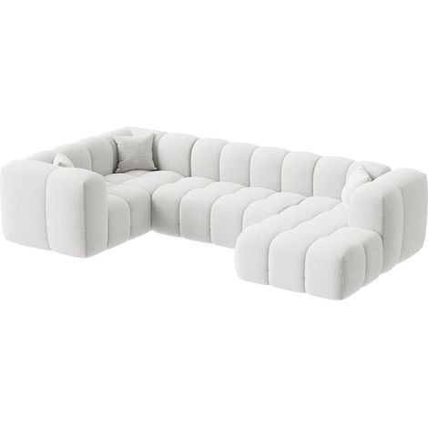 Mobilier Deco – Canapé panoramique en tissu bouclette blanc écru – Angle droit – Design nuage – Assise généreuse et coussins moelleux