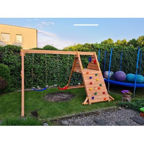 Fungoo Kletterturm "Spider King", teak, mit Doppelschaukel und Kletterwand
