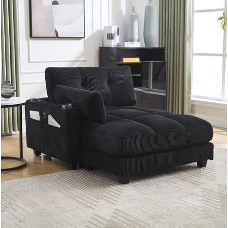 Relaxsessel aus schwarzem Cord, 140 x 112 x 81 cm, mit USB, Becherhaltern und Seitentasche HAVRYA (1/5)