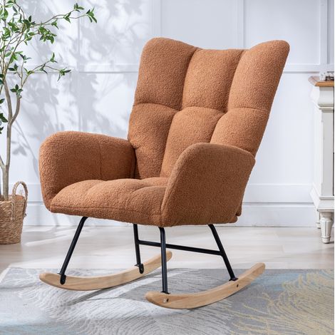 Sedia a dondolo in tessuto teddy, schienale curvo, braccioli, base legno e metallo, per salone - marrone (1/5)