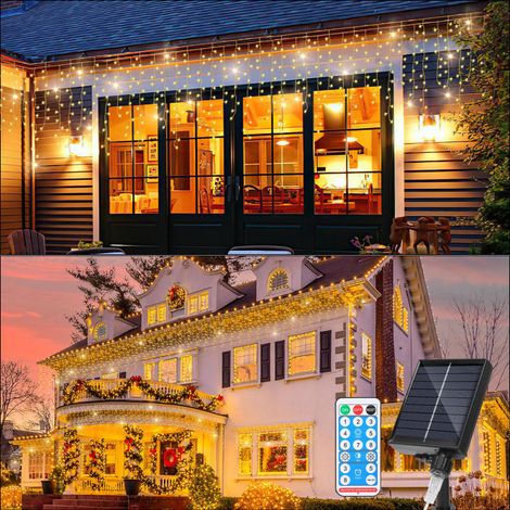 SWANEW Guirlanda Luminosa Solare Esterna LED Tendina Luminosa Decorazione Natalizia Impermeabile IP44 2x 10M 396LEDs Bianco Caldo (1/5)