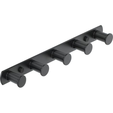 Perchero de pared atornillable con 5 ganchos, acabado en acero inoxidable negro mate, para baño. (1/5)