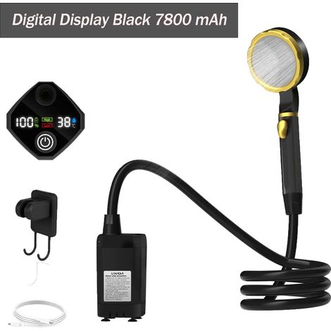 (Noir 7800 mAh) Pompe de douche de camping, kit de douche extérieure pour camping-car, douche de camping avec écran numérique intelligent et réglable, outils d'extérieur (1/4)