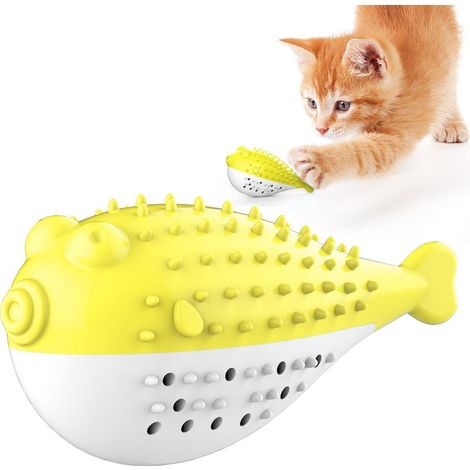 Fournitures pour animaux de compagnie, jouets à mâcher sonores, herbe-aux-chats, poisson-globe, jouets de dentition pour chat （jaune） (1/5)