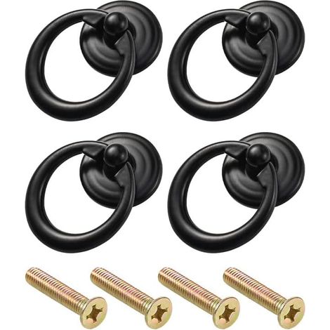 Lot de 4 Poignées de Tiroir Métalliques Vintage et Poignées à Anneau, Tirettes de Meuble Antiques avec Vis pour Commode, Garde-Robe et Armoire (Noir) (1/5)