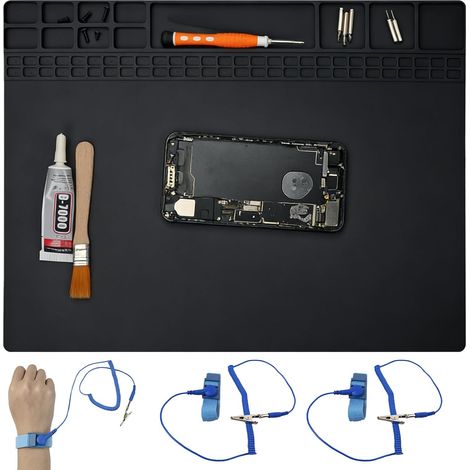 Tapis antistatique ESD pour l'électronique avec bracelet ESD et câble de terre, tapis de soudure ESD résistant à la chaleur, grande surface de travail pour ordinateur, ordinateur portable, téléphone (1/5)