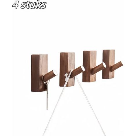 Lot de 4 crochets porte-serviettes auto-adhésifs – Bois de noyer avec adhésif 3M – Crochets muraux pour cuisine, salle de bain et entrée – Marron (1/5)