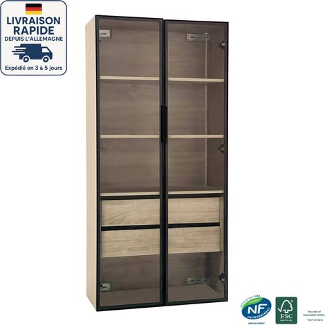 Vitrina de 2 piezas, armario, librería con iluminación LED, 2 cajones grandes y 2 puertas, diseño funcional - ancho 73 cm. (1/5)