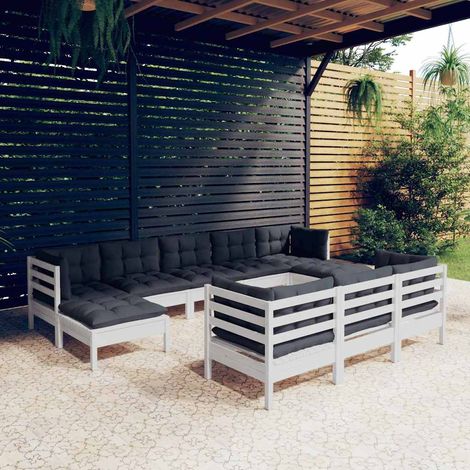 vidaXL Muebles de jardín 10 pzas cojines blanco madera maciza de pino (1/5)
