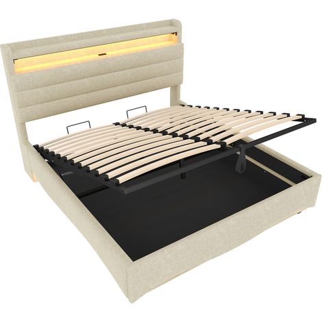 Cama abatible tapizada 140 x 200 cm beige con LED, USB Type-C y mecanismo hidráulico HOMVRA (1/5)