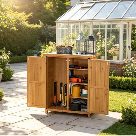 CHICFURN Armario de jardín exterior con 2 puertas, 3 estantes y armario alto de madera amarilla, techo de chapa galvanizada impermeable, 75x40x90 cm (1/5)