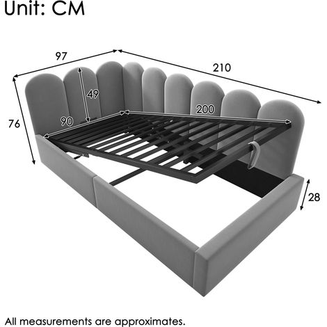 Canapé convertible Polsterbett 90x200 cm, banquette jour avec coffre hydraulique, couchage enfant, sommier métallique à lattes, velours gris, sans matelas