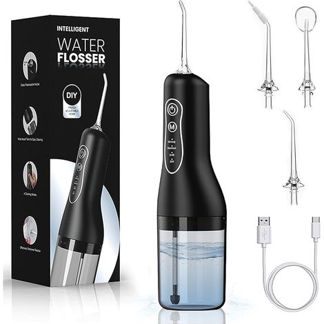 Jet Dentaire Hydropulseur Portable, Irrigateur Oral Sans Fil 4 Modes et 4 Buses, Réservoir 300ML, USB Chargé, Étanche IPX6, Convient Gencive Sensible