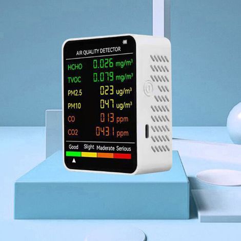 Multifunktionaler 6-in-1-Luftqualitätsdetektor: Kohlenmonoxid, Kohlendioxid, Formaldehyd, großes LCD-Display, integrierter Lithium-Akku, Schwarz