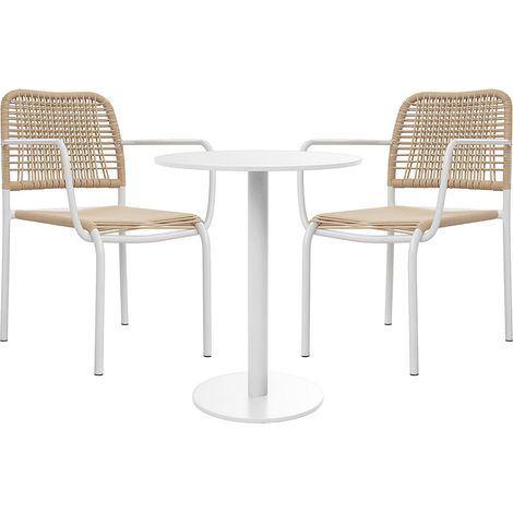 Sala da pranzo da giardino in metallo e resina intrecciata: un tavolo D.60 cm e 2 poltrone impilabili - Beige - NIOU di MYLIA