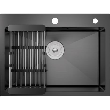 CECIPA MAX Lavello da cucina 60 x 45 cm Lavelli una vasca, in acciaio inox con cestello di scolo, lavello antracite, installazione a incasso e a filo per mobile da 60 cm