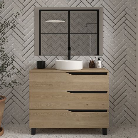 Meuble de salle de bain 90cm avec plateau et vasque à poser - 3 tiroirs - madera miel (chêne clair) - MATA (1/5)