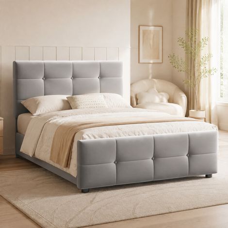Cama con almacenaje 90x200 cm de terciopelo, cabecero ajustable, somier de láminas, gris DESVIAE (1/5)