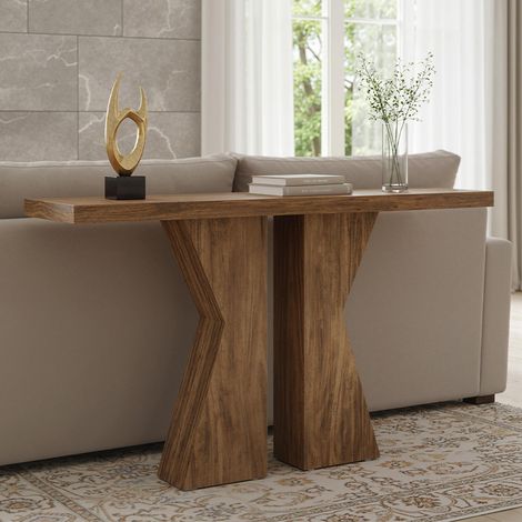 Konsolentisch – 140 × 30 × 80 cm – Stabiler K-förmiger Doppelfuß-Sofatisch – für Eingangsbereich und Wohnzimmer – braun