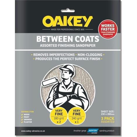 Oakey Between Coats Silicon Carbide Finishing Sanding Sheets, Assorted Pack of 3, 230 x 280mm (1/2)