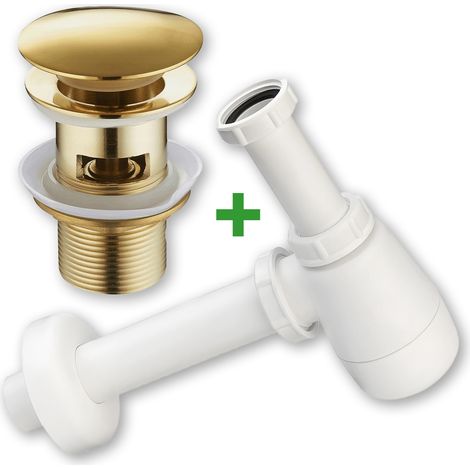 Set: tappo click-clack con troppopieno dorato + sifone per lavabo (1/5)