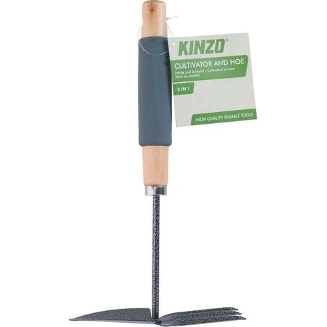 Outil de jardin 2 en 1 : Houe et griffe 30 cm KINZO - Manche en bois, poignée en mousse - Houe manuelle pour désherber et aérer les pots (1/2)