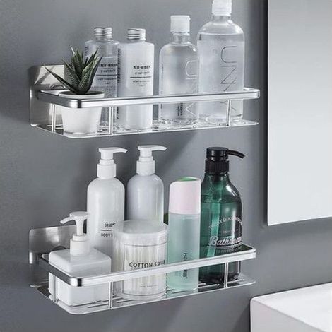 Lot de 2 Etagere Douche sans Percage – Argenté – Etagere Murale salle de bains Aluminium, ablette de douche pour salle de bains (1/5)