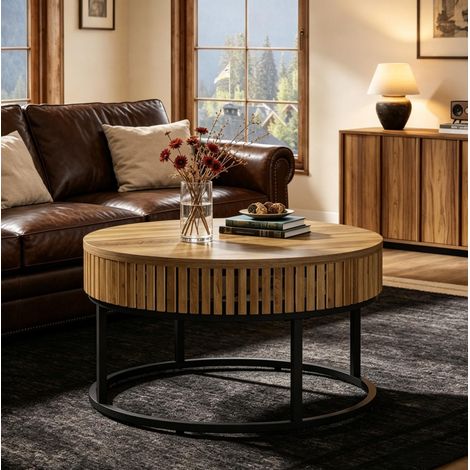Table basse ronde 80 cm, plateau en MDF aspect bois brun et piètement en métal noir, table d’appoint moderne pour salon, bureau ou espace de réception, montage facile – CHICFURN (1/5)