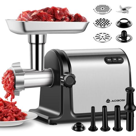 AOBOSI 3-In-1 Fleischwolf Elektrisch Mit 3 Edelstahl-Schleifplatten,1 Kubbe & 3 Wurstfüllrohren, [3000w Max Size 10 ] Für Fleisch, Fleischwurst. Fleischwolf Edelstahl Mit Klingen. (1/5)