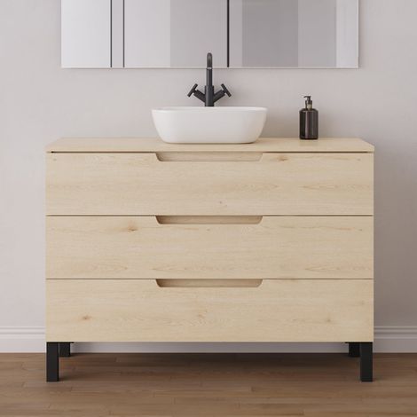 Meuble de salle de bain 120cm avec plateau et vasque à poser arrondie - 3 tiroirs - sans miroir - roble calima (bois clair) - RIZA (1/5)