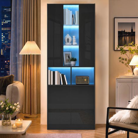 Vitrina alta de cristal acrílico con ventana de visualización, iluminación LED, control por aplicación, diseño de dos piezas, puertas dobles, estante ajustable, para sala de estar, recibidor o dormito (1/5)