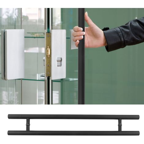 Manilla ergonómica para puertas de cristal, apta para uso interior y exterior, fabricada en acero inoxidable negro mate. (1/5)