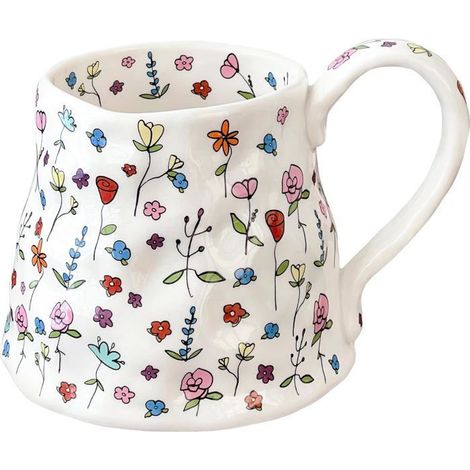 Grande tasse à café en céramique – Rose avec joli motif floral, anse surdimensionnée fabriquée à la main, idéale pour les femmes e,k (1/4)