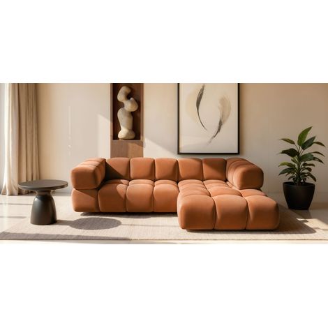 Ecksofa Designersofa BLANCHE in Stoff Bluvel Rostbraun Ottomane Rechts