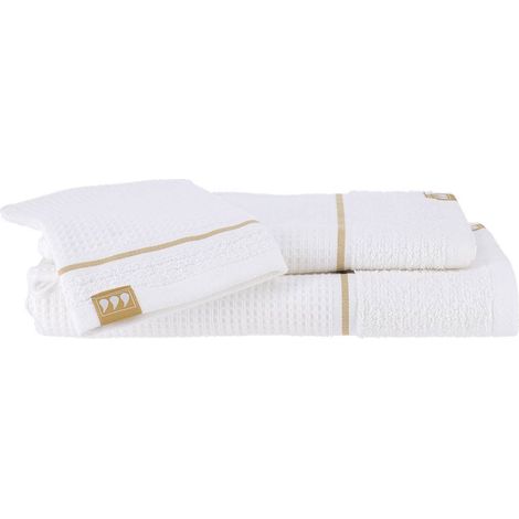 3-teiliges set aus 100% baumwolle mit bienenwabenstruktur 1 handschuh 1 handtuch 50x90 cm 1 handtuch 70x130 cm - weiss gold - Tendance