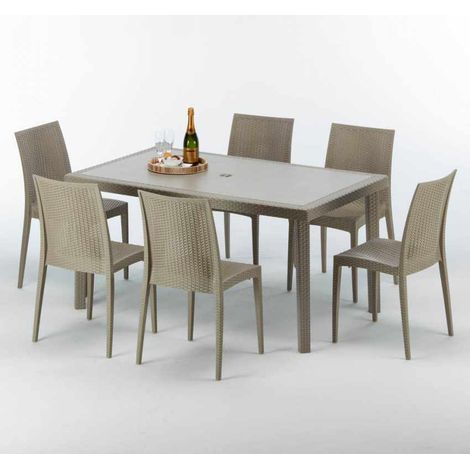 Mesa Rectangular Beige 150x90 cm y 6 Sillas De Colores Marion